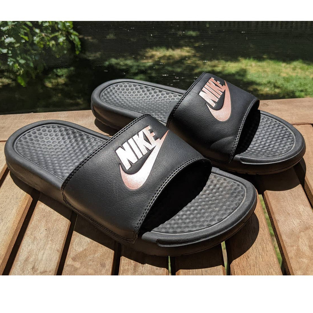 Nike Slides Women's Benassi JDI Black and Rose Gold Size 9    343881-007